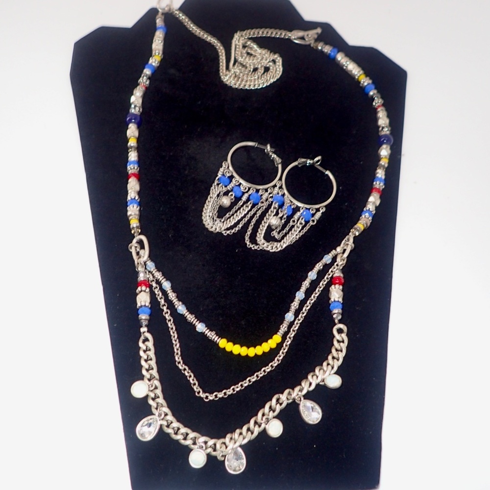 Matching Set Silver Tone Chain Necklace and Earring Beads Rhinestones Moonstones